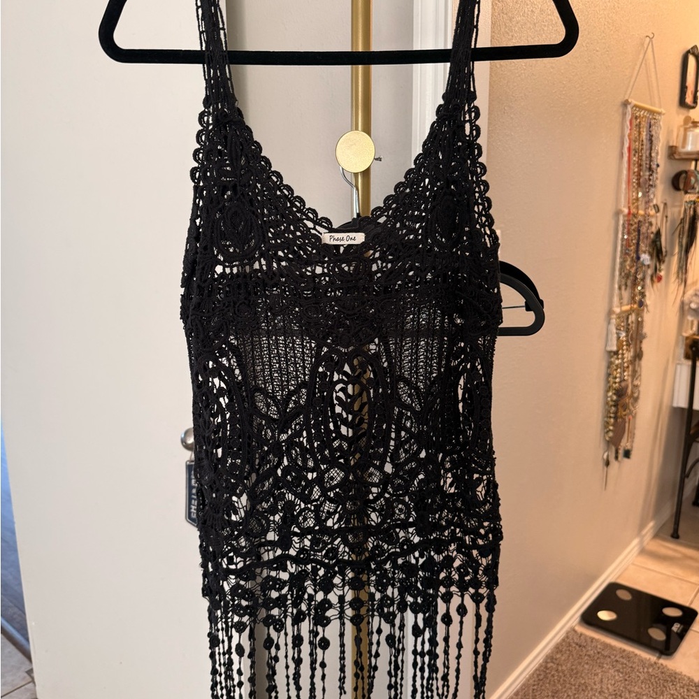 Black Crochet Fringe Tank Top by Phase One